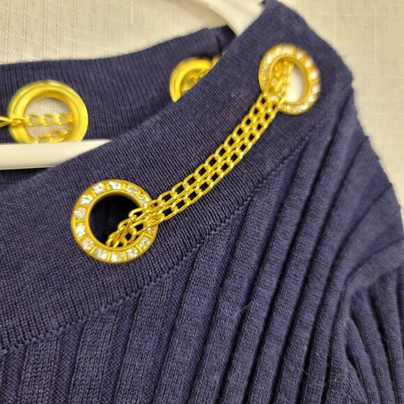 Belldini Ribbed Navy Sweater Gold Chain Rhinestone Detail XL Cotton Viscose - Picture 4 of 10